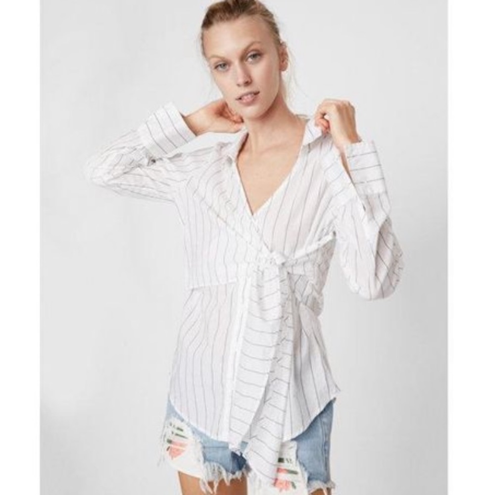 Express Women's White Tie Waist Surplice Top XXS